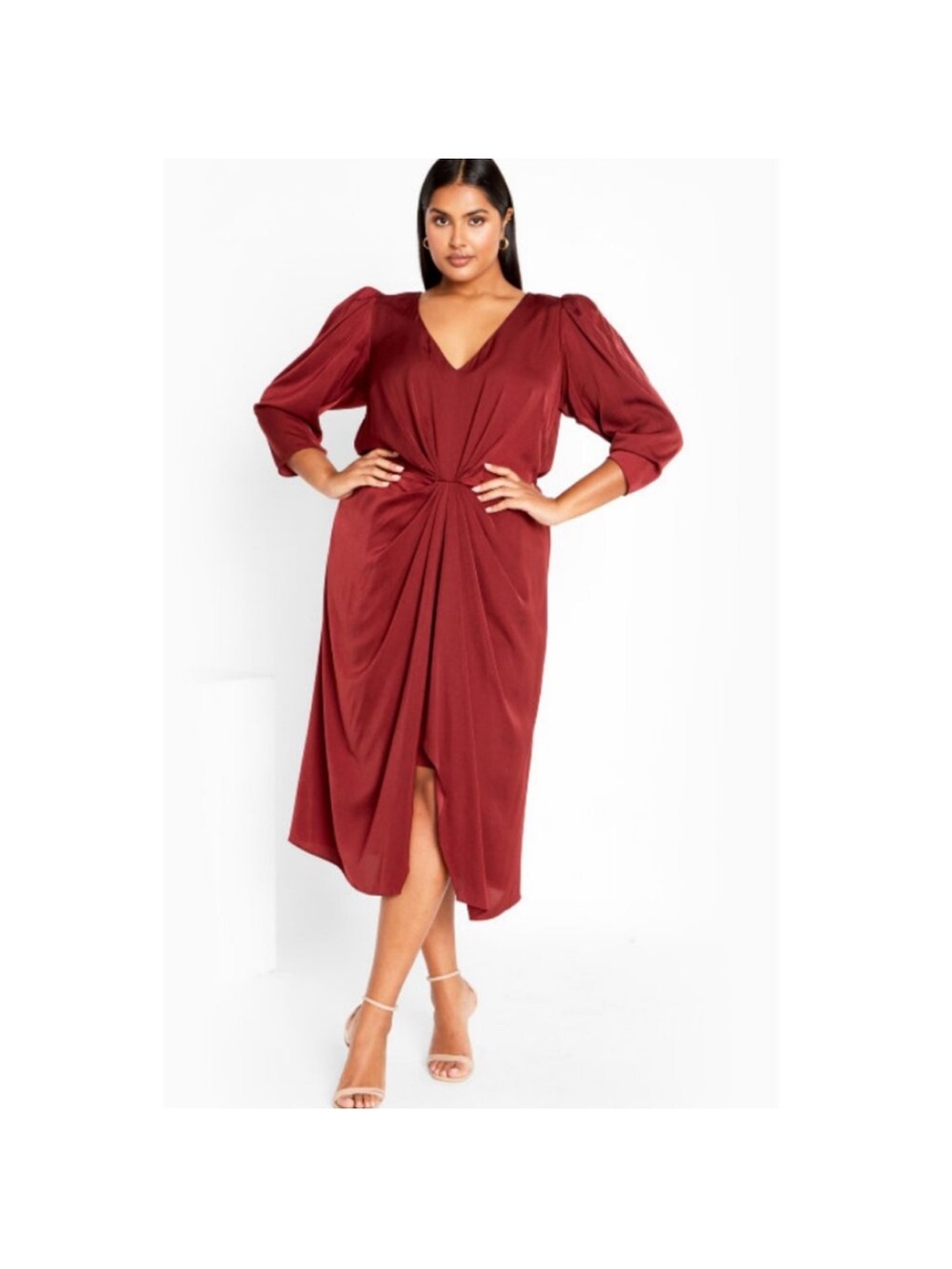 Elegant Twist-Front Midi Dress in Deep Burgundy